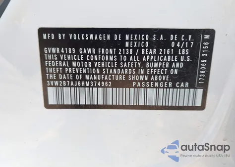 2017 Volkswagen Jetta 1.4T S из США, поврежденный, VIN 3VW2B7AJ6HM374962